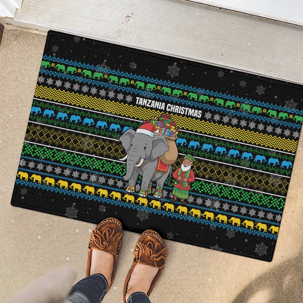 Tanzania Christmas Rubber Doormat with Santa Riding Elephant Snowflakes and Colorful African - Wonder Print Shop