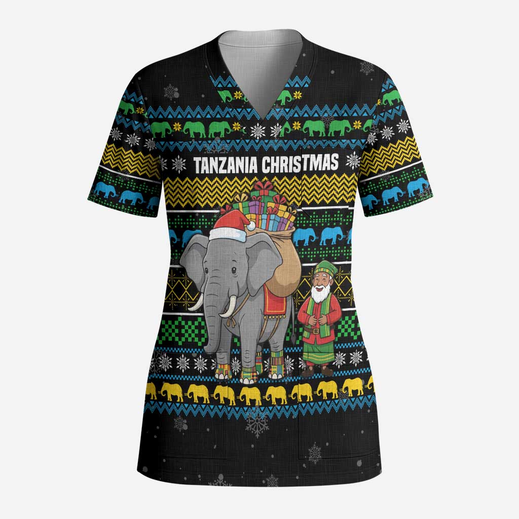 Tanzania Christmas Scrub Top with Santa Riding Elephant Snowflakes and Colorful African - Wonder Print Shop