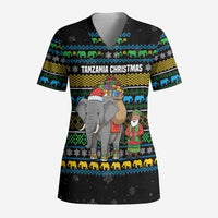 Tanzania Christmas Scrub Top with Santa Riding Elephant Snowflakes and Colorful African - Wonder Print Shop