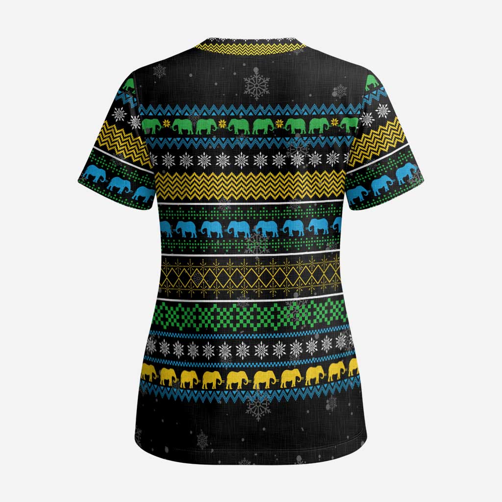 Tanzania Christmas Scrub Top with Santa Riding Elephant Snowflakes and Colorful African - Wonder Print Shop