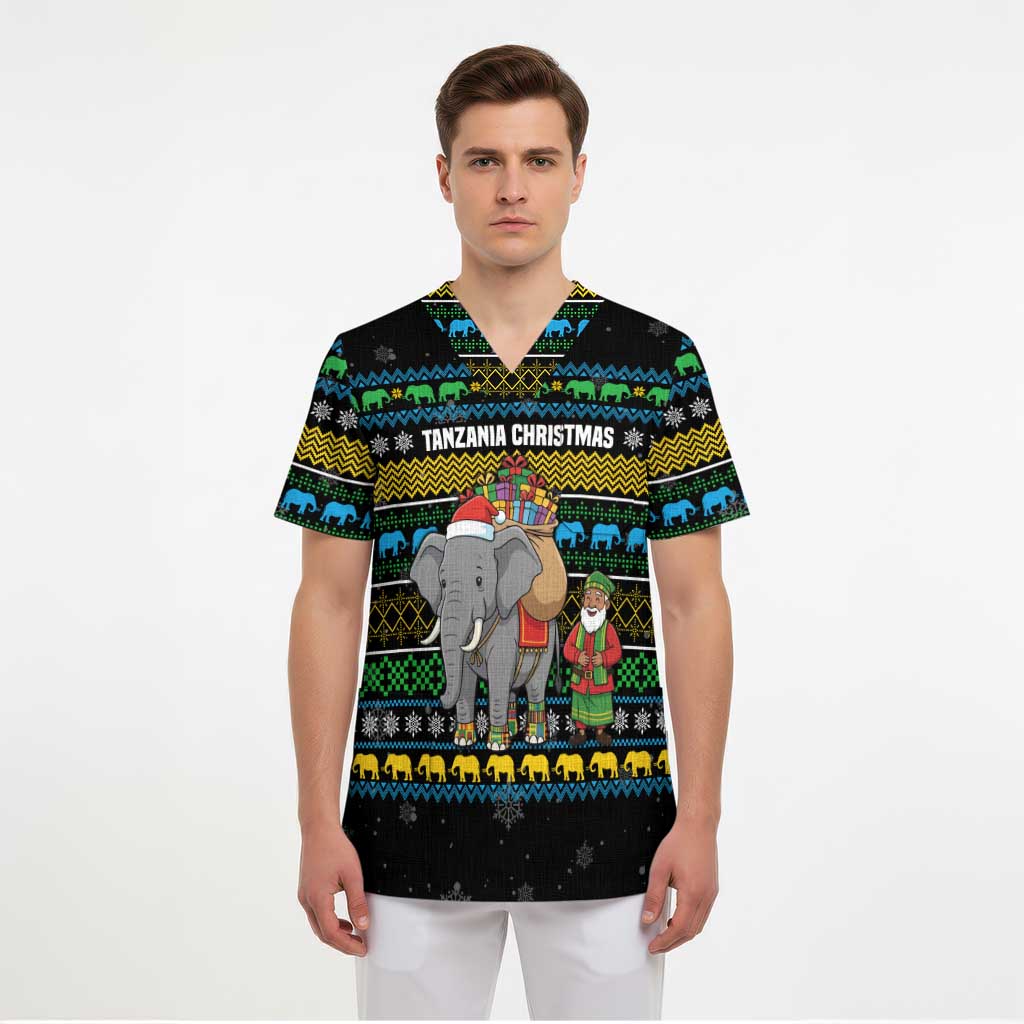 Tanzania Christmas Scrub Top with Santa Riding Elephant Snowflakes and Colorful African - Wonder Print Shop