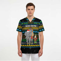 Tanzania Christmas Scrub Top with Santa Riding Elephant Snowflakes and Colorful African - Wonder Print Shop