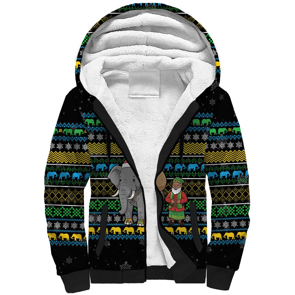 Tanzania Christmas Sherpa Hoodie with Santa Riding Elephant Snowflakes and Colorful African - Wonder Print Shop
