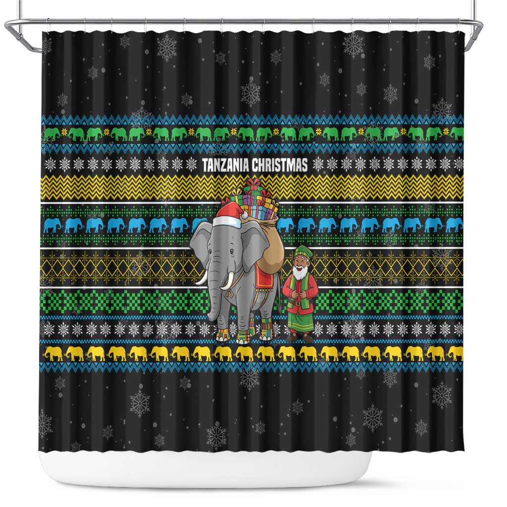 Tanzania Christmas Shower Curtain with Santa Riding Elephant Snowflakes and Colorful African - Wonder Print Shop