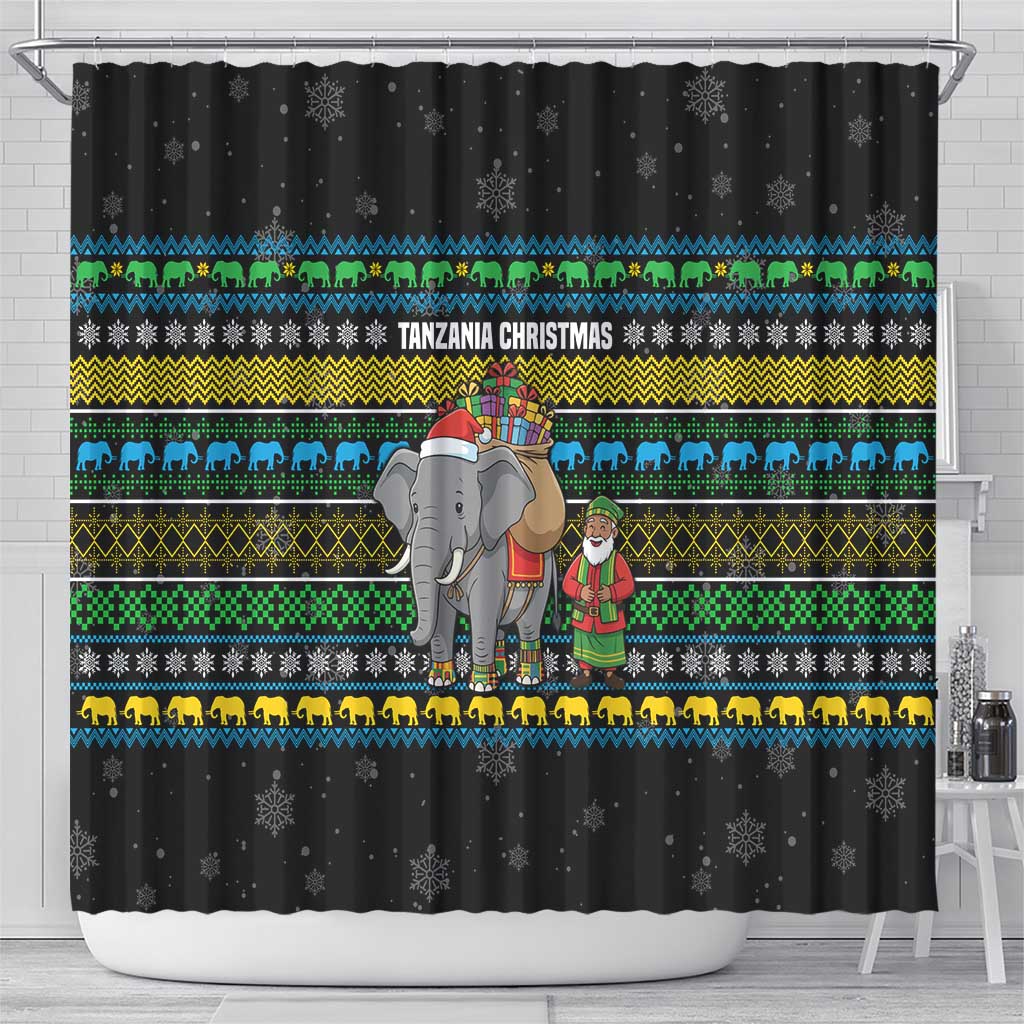 Tanzania Christmas Shower Curtain with Santa Riding Elephant Snowflakes and Colorful African - Wonder Print Shop