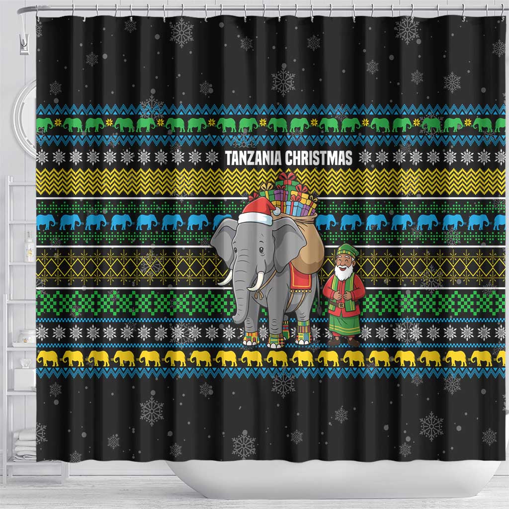 Tanzania Christmas Shower Curtain with Santa Riding Elephant Snowflakes and Colorful African - Wonder Print Shop