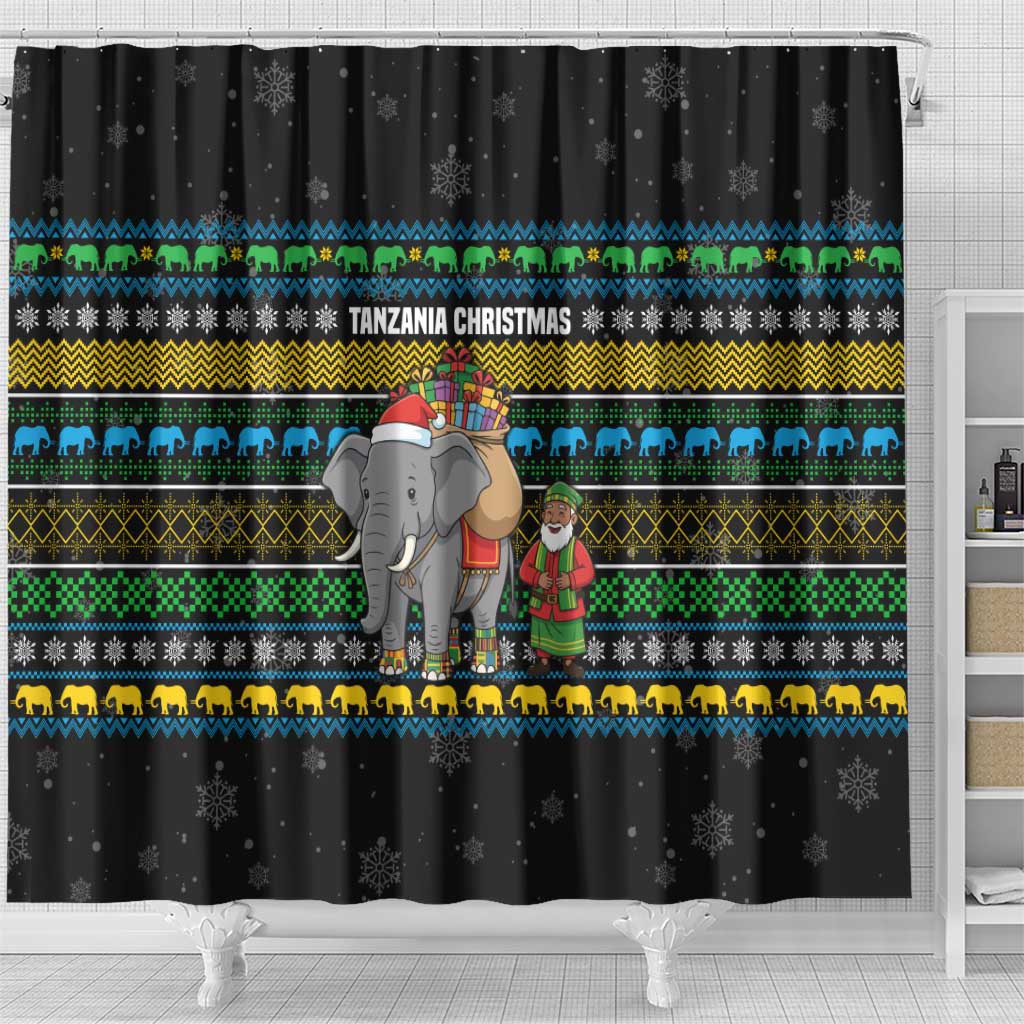 Tanzania Christmas Shower Curtain with Santa Riding Elephant Snowflakes and Colorful African - Wonder Print Shop