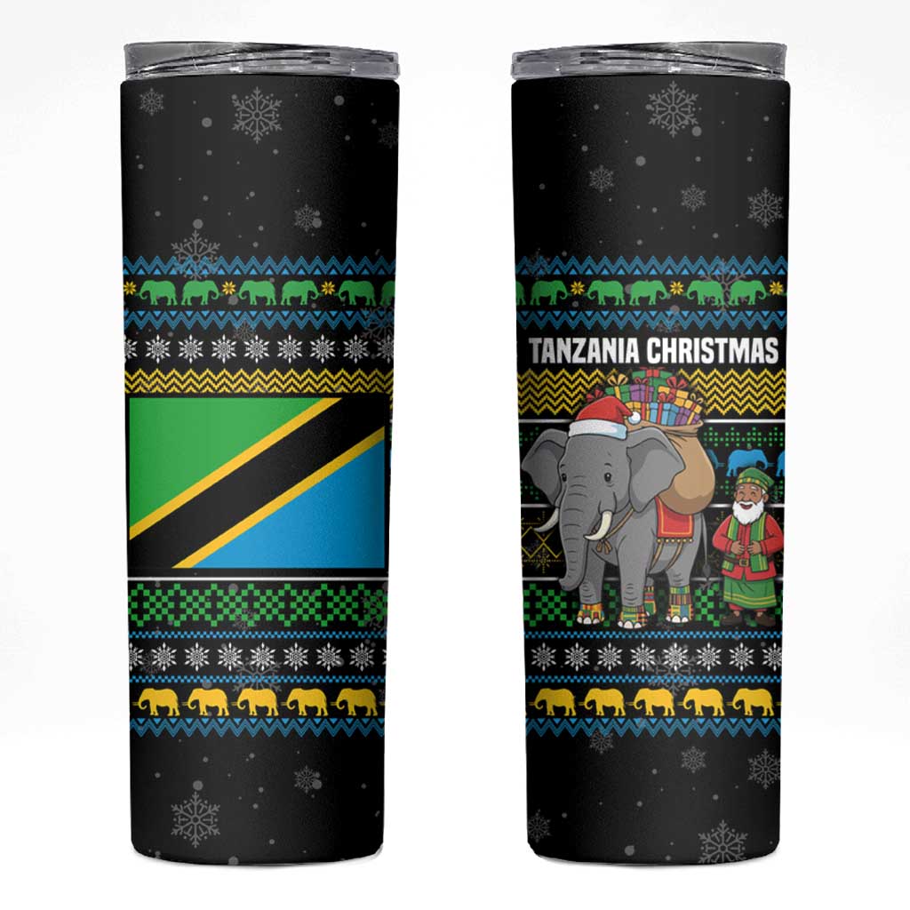 Tanzania Christmas Skinny Tumbler with Santa Riding Elephant Snowflakes and Colorful African - Wonder Print Shop