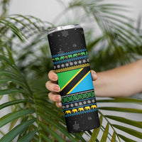 Tanzania Christmas Skinny Tumbler with Santa Riding Elephant Snowflakes and Colorful African - Wonder Print Shop