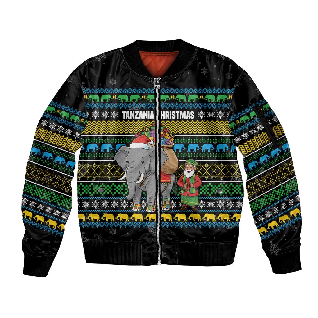 Tanzania Christmas Sleeve Zip Bomber Jacket with Santa Riding Elephant Snowflakes and Colorful African - Wonder Print Shop