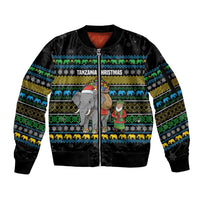 Tanzania Christmas Sleeve Zip Bomber Jacket with Santa Riding Elephant Snowflakes and Colorful African - Wonder Print Shop