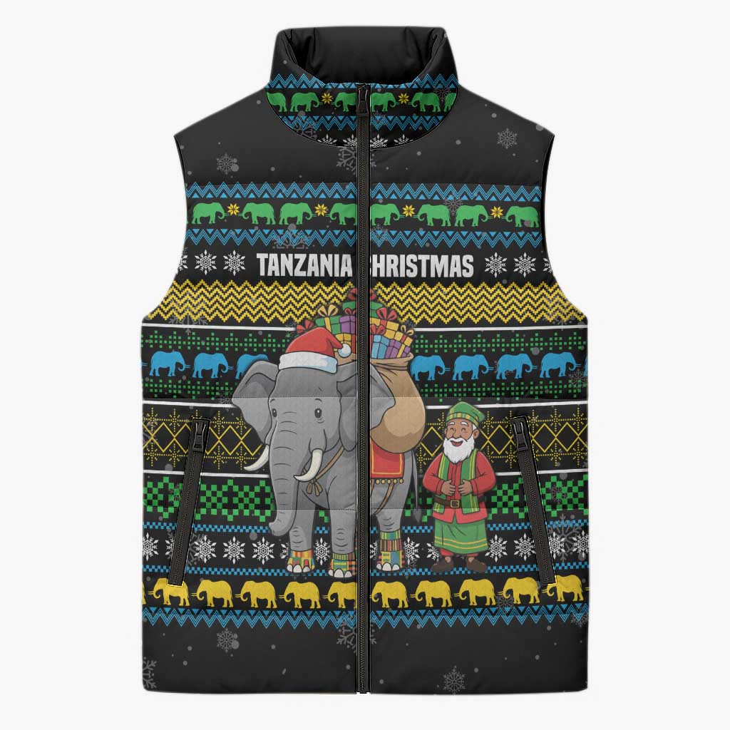 Tanzania Christmas Sleeveless Puffer Jacket with Santa Riding Elephant Snowflakes and Colorful African - Wonder Print Shop