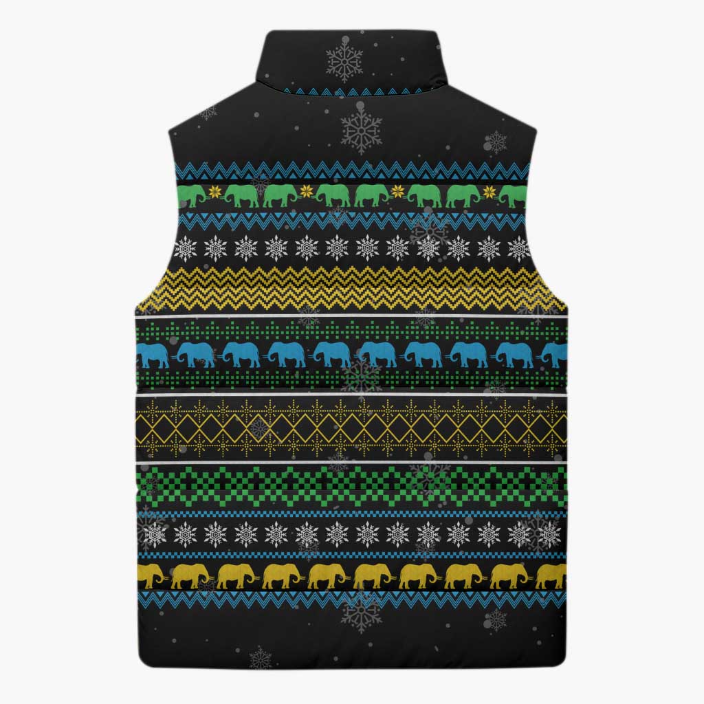 Tanzania Christmas Sleeveless Puffer Jacket with Santa Riding Elephant Snowflakes and Colorful African - Wonder Print Shop