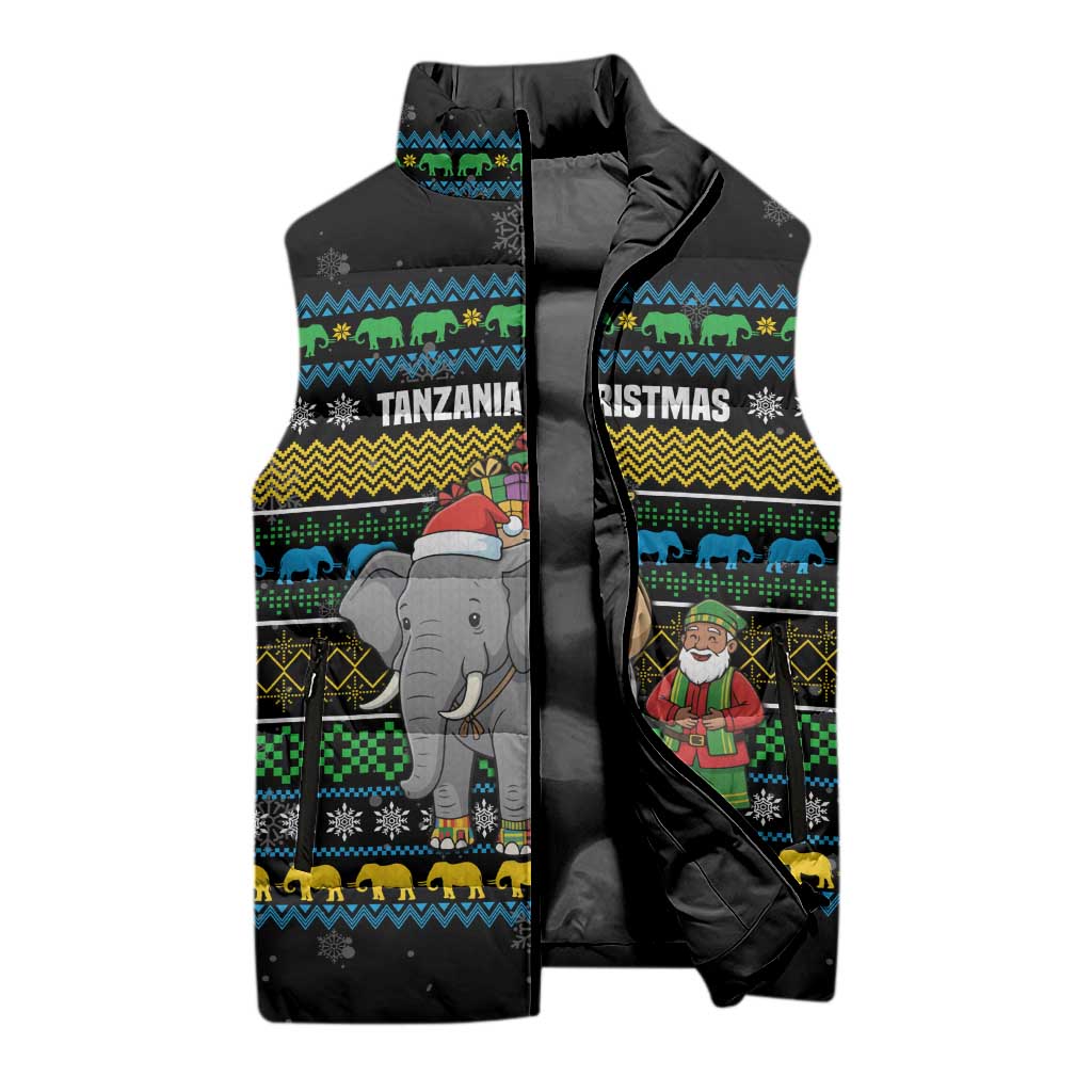Tanzania Christmas Sleeveless Puffer Jacket with Santa Riding Elephant Snowflakes and Colorful African - Wonder Print Shop