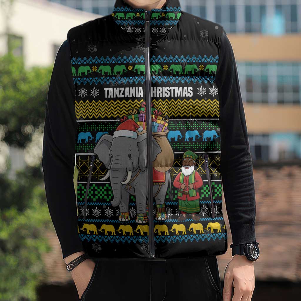 Tanzania Christmas Sleeveless Puffer Jacket with Santa Riding Elephant Snowflakes and Colorful African - Wonder Print Shop