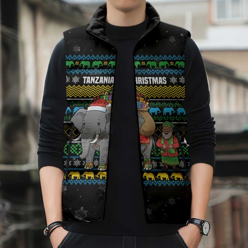 Tanzania Christmas Sleeveless Puffer Jacket with Santa Riding Elephant Snowflakes and Colorful African - Wonder Print Shop