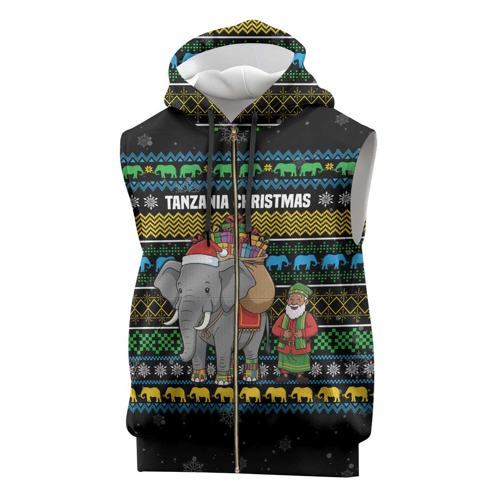 Tanzania Christmas Sleeveless Zip Hoodie with Santa Riding Elephant Snowflakes and Colorful African - Wonder Print Shop