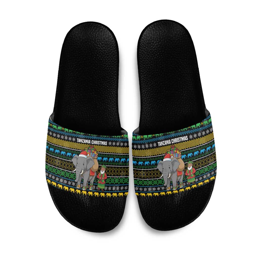 Tanzania Christmas Slide Sandals with Santa Riding Elephant Snowflakes and Colorful African - Wonder Print Shop