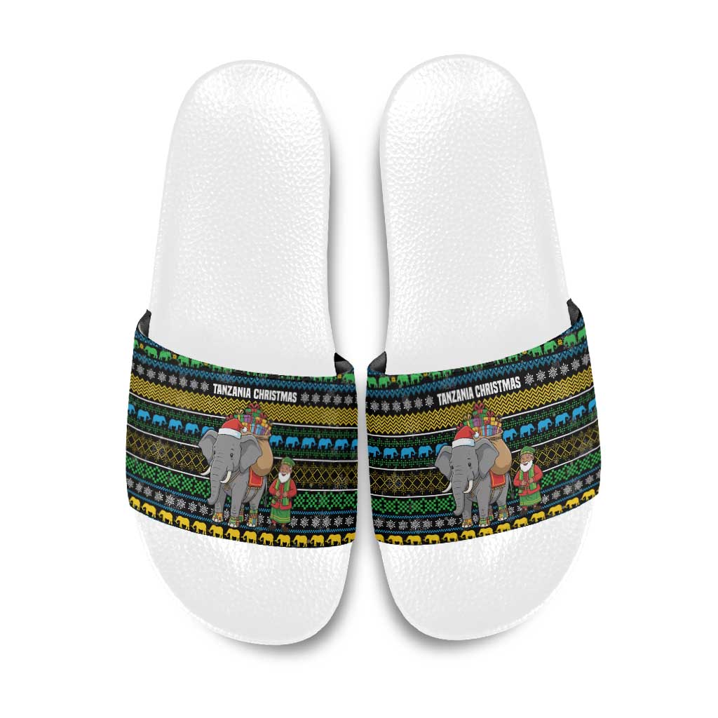 Tanzania Christmas Slide Sandals with Santa Riding Elephant Snowflakes and Colorful African - Wonder Print Shop