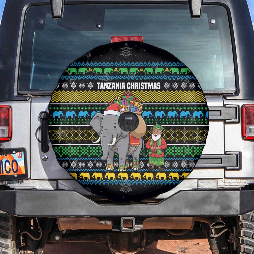 Tanzania Christmas Spare Tire Cover with Santa Riding Elephant Snowflakes and Colorful African - Wonder Print Shop