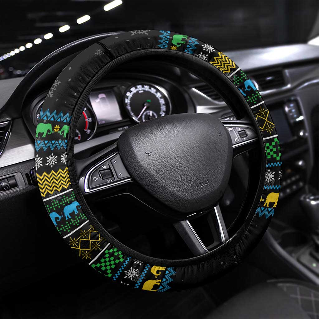 Tanzania Christmas Steering Wheel Cover with Santa Riding Elephant Snowflakes and Colorful African - Wonder Print Shop