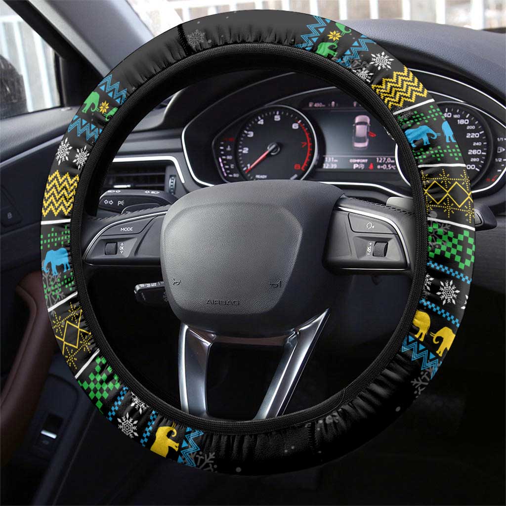 Tanzania Christmas Steering Wheel Cover with Santa Riding Elephant Snowflakes and Colorful African - Wonder Print Shop