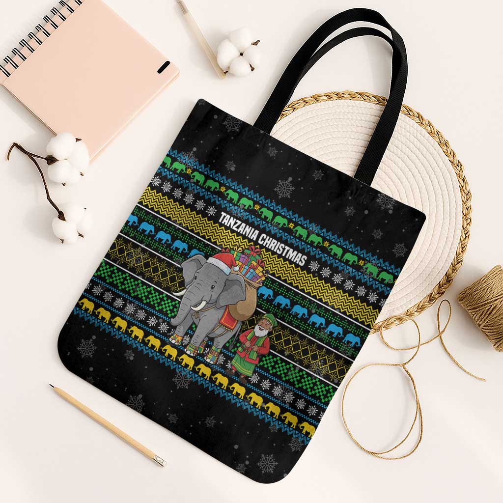 Tanzania Christmas Tote Bag with Santa Riding Elephant Snowflakes and Colorful African - Wonder Print Shop