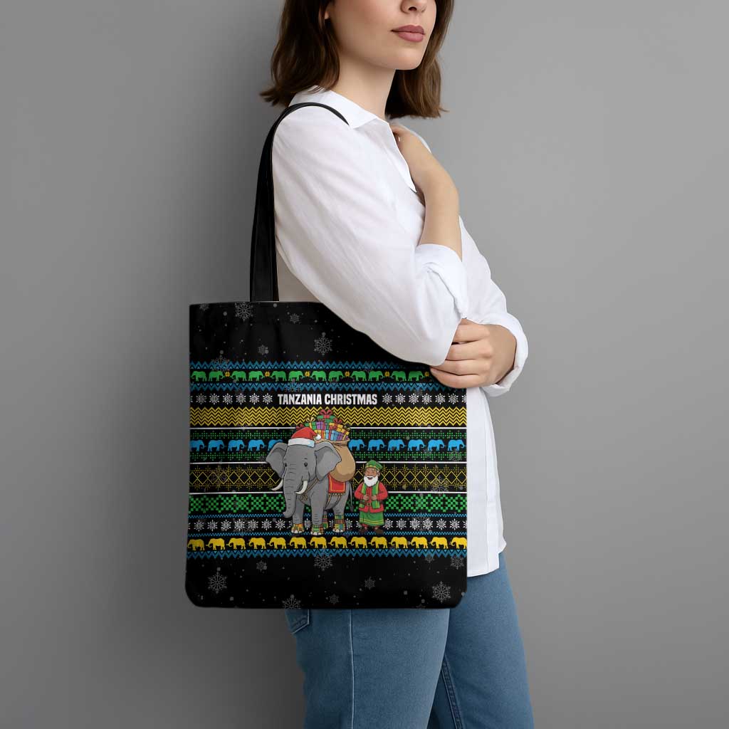 Tanzania Christmas Tote Bag with Santa Riding Elephant Snowflakes and Colorful African - Wonder Print Shop