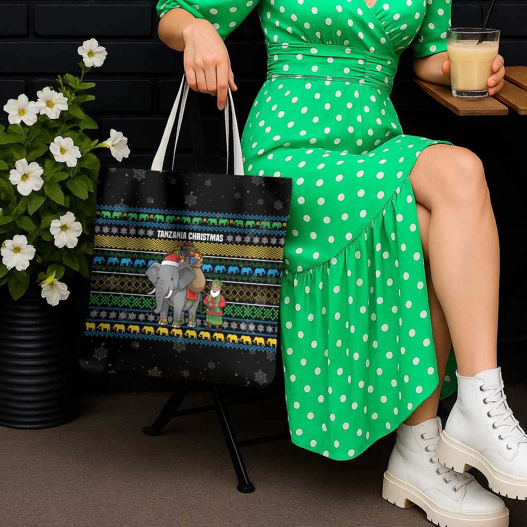 Tanzania Christmas Tote Bag with Santa Riding Elephant Snowflakes and Colorful African - Wonder Print Shop