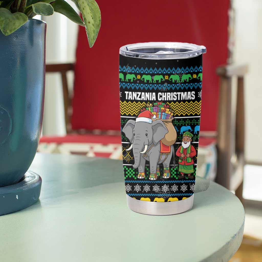 Tanzania Christmas Tumbler Cup with Santa Riding Elephant Snowflakes and Colorful African - Wonder Print Shop