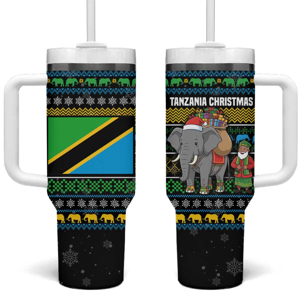 Tanzania Christmas Tumbler With Handle with Santa Riding Elephant Snowflakes and Colorful African - Wonder Print Shop