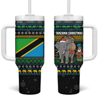 Tanzania Christmas Tumbler With Handle with Santa Riding Elephant Snowflakes and Colorful African - Wonder Print Shop