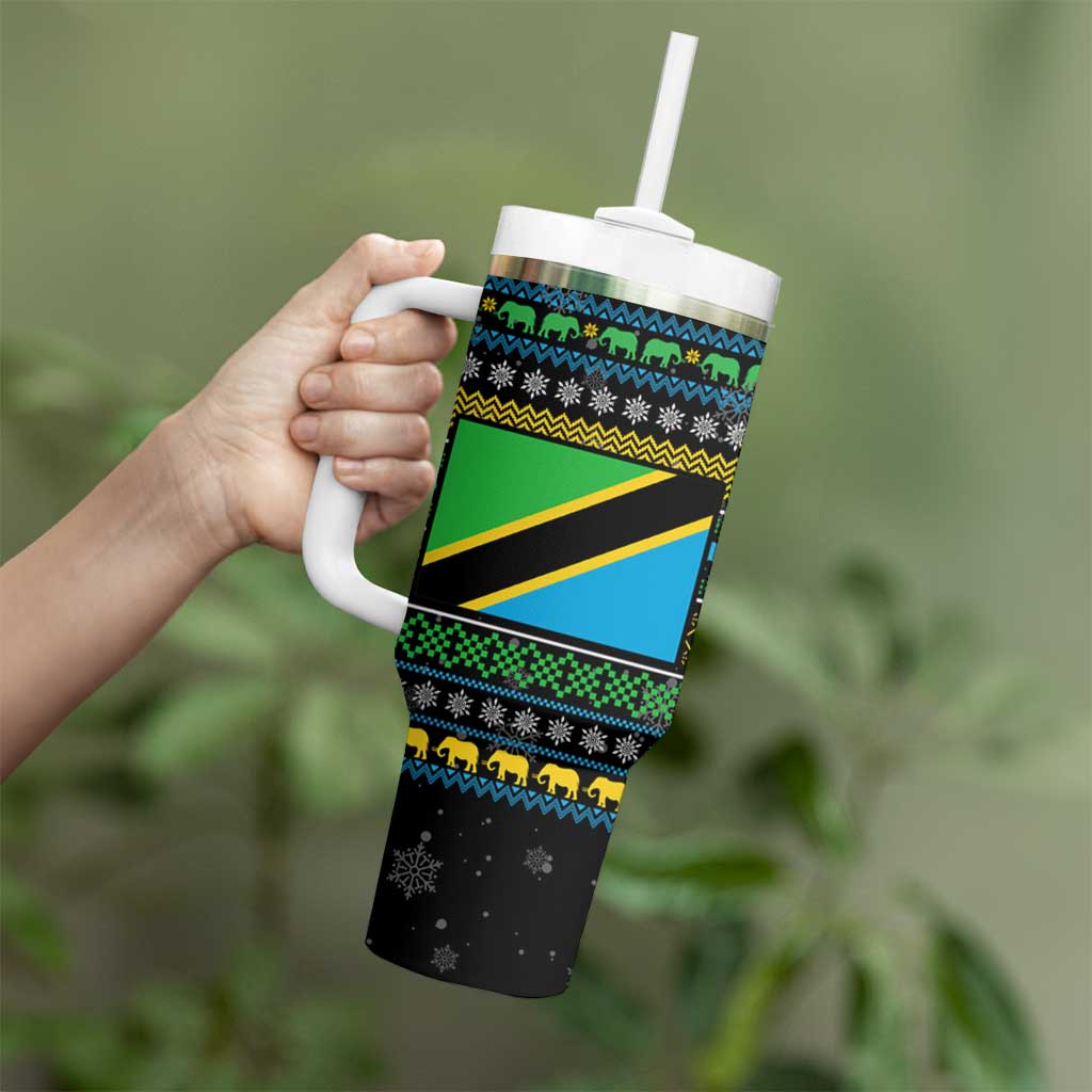 Tanzania Christmas Tumbler With Handle with Santa Riding Elephant Snowflakes and Colorful African - Wonder Print Shop
