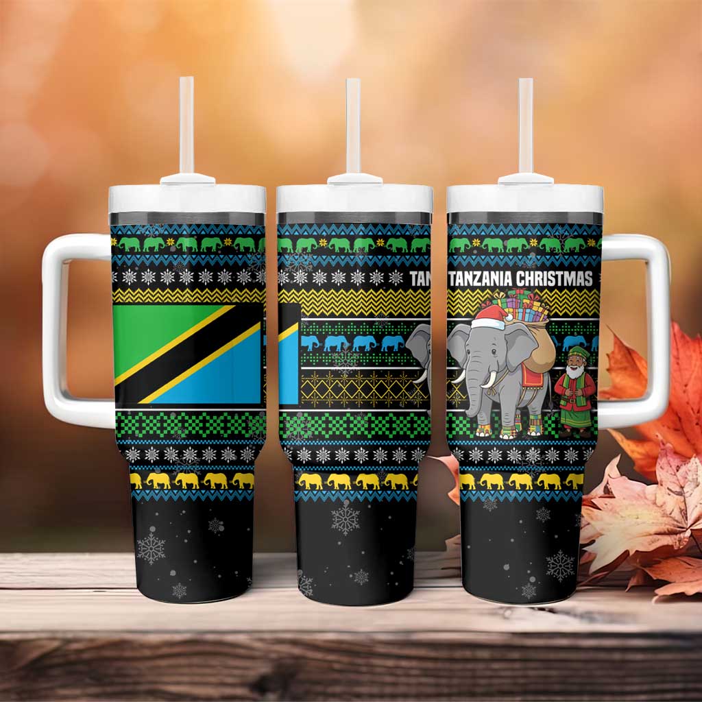 Tanzania Christmas Tumbler With Handle with Santa Riding Elephant Snowflakes and Colorful African - Wonder Print Shop