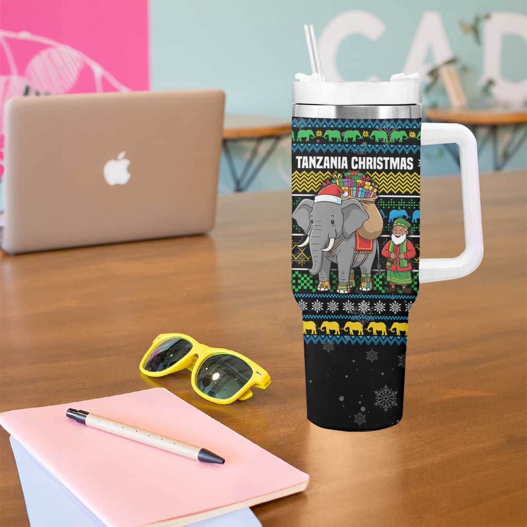Tanzania Christmas Tumbler With Handle with Santa Riding Elephant Snowflakes and Colorful African - Wonder Print Shop
