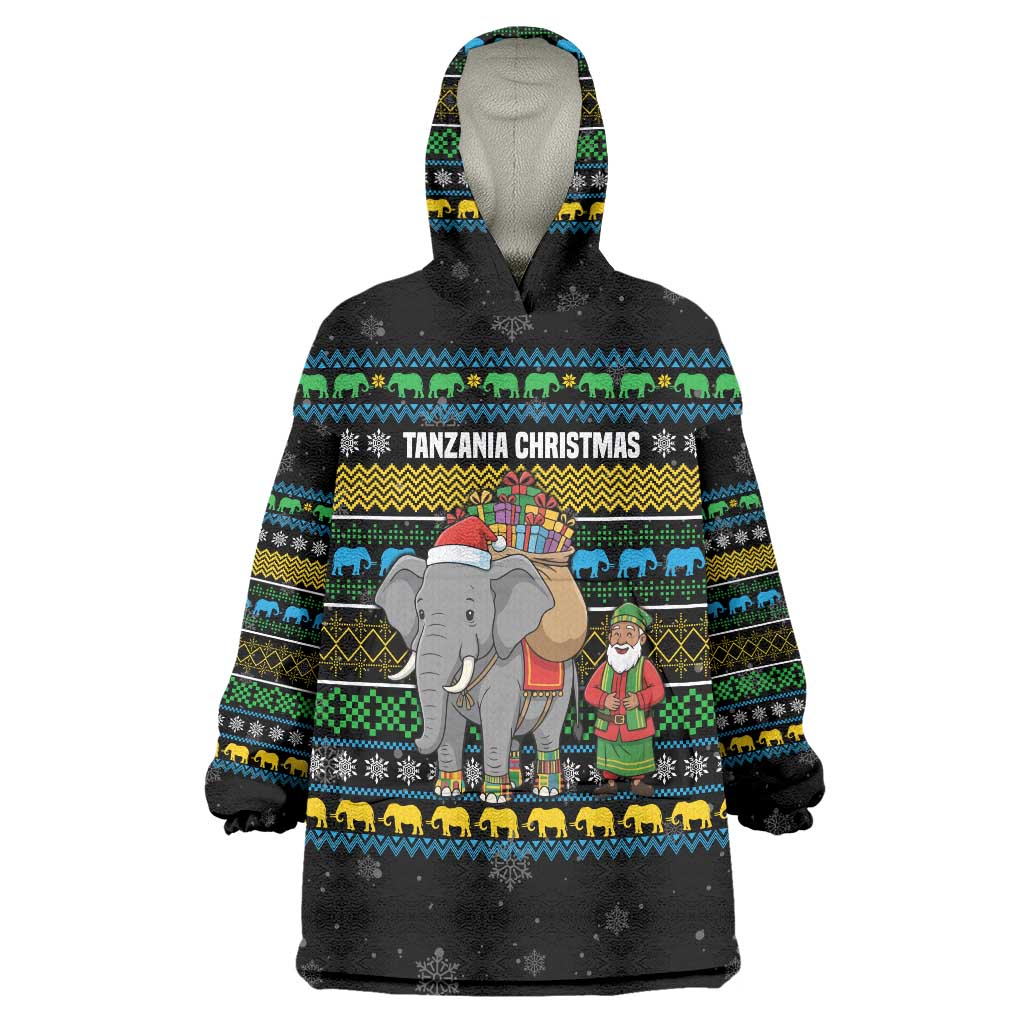 Tanzania Christmas Wearable Blanket Hoodie with Santa Riding Elephant Snowflakes and Colorful African - Wonder Print Shop