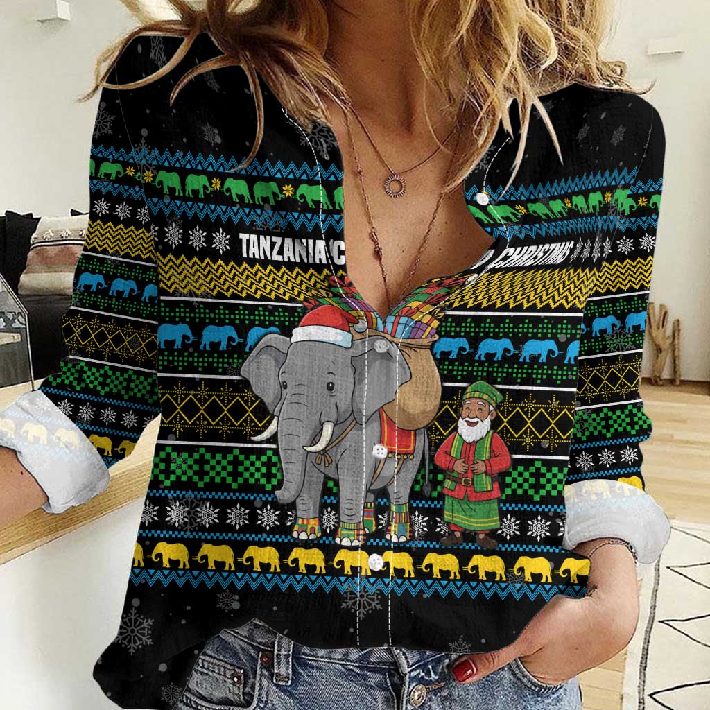 Tanzania Christmas Women Casual Shirt with Santa Riding Elephant Snowflakes and Colorful African - Wonder Print Shop