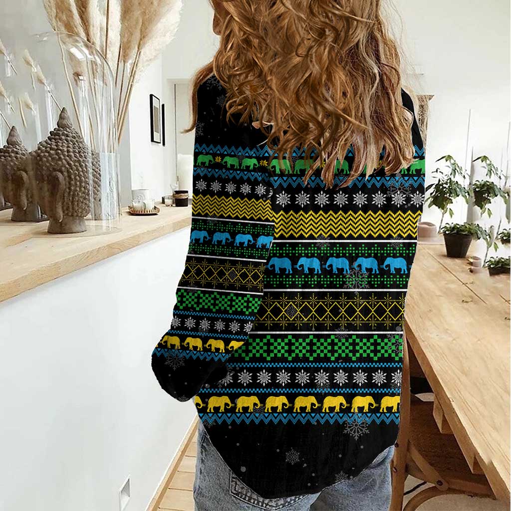 Tanzania Christmas Women Casual Shirt with Santa Riding Elephant Snowflakes and Colorful African - Wonder Print Shop