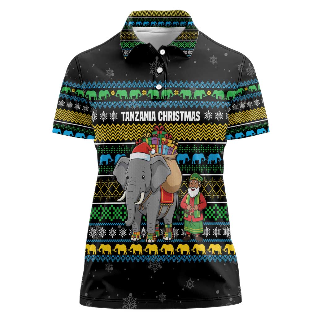 Tanzania Christmas Women Polo Shirt with Santa Riding Elephant Snowflakes and Colorful African - Wonder Print Shop