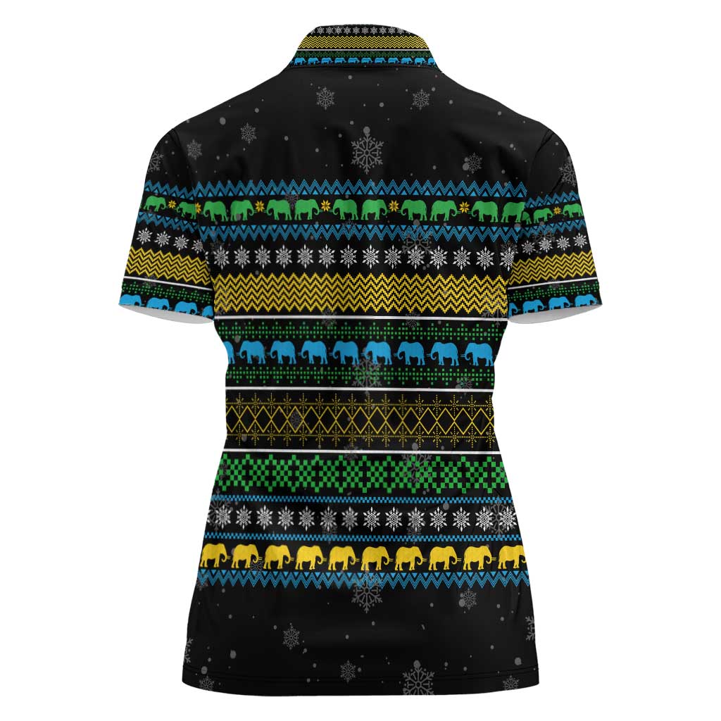 Tanzania Christmas Women Polo Shirt with Santa Riding Elephant Snowflakes and Colorful African - Wonder Print Shop