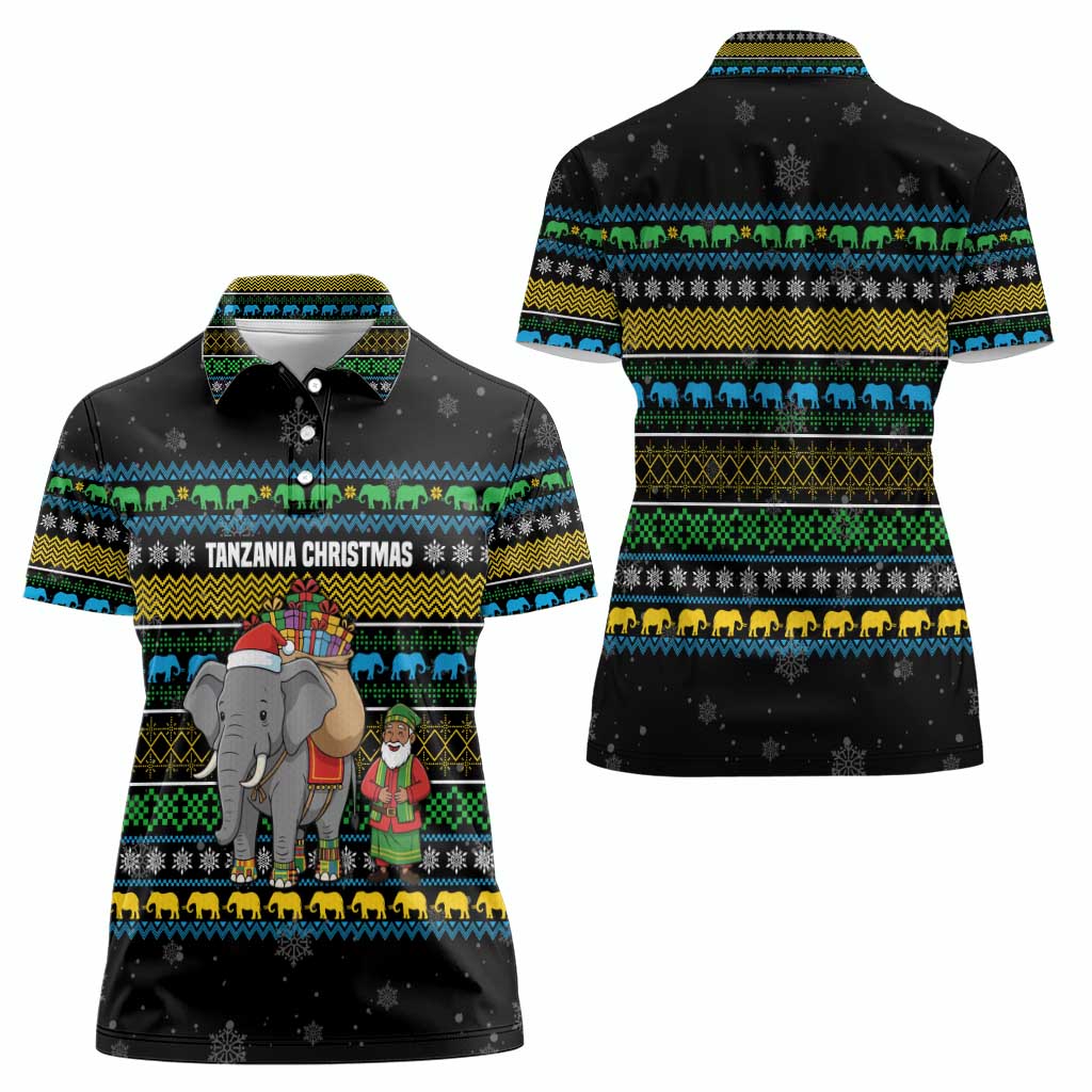 Tanzania Christmas Women Polo Shirt with Santa Riding Elephant Snowflakes and Colorful African - Wonder Print Shop