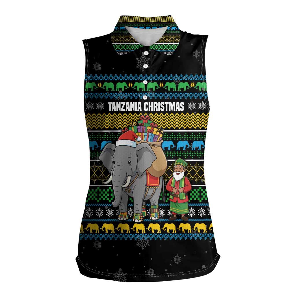 Tanzania Christmas Women Sleeveless Polo Shirt with Santa Riding Elephant Snowflakes and Colorful African - Wonder Print Shop