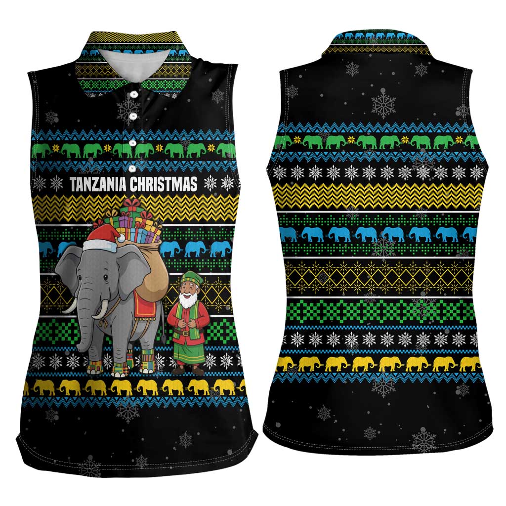 Tanzania Christmas Women Sleeveless Polo Shirt with Santa Riding Elephant Snowflakes and Colorful African - Wonder Print Shop