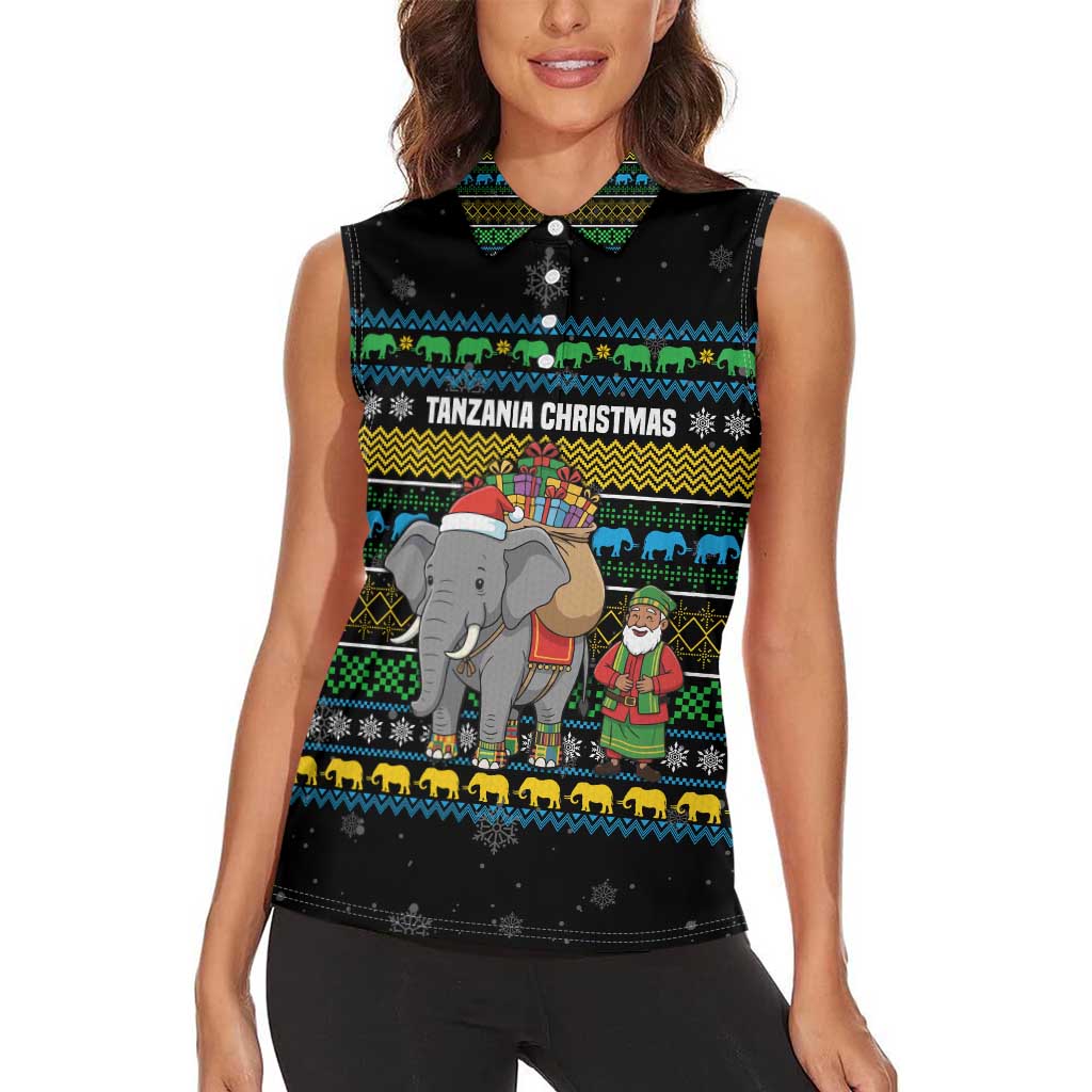 Tanzania Christmas Women Sleeveless Polo Shirt with Santa Riding Elephant Snowflakes and Colorful African - Wonder Print Shop