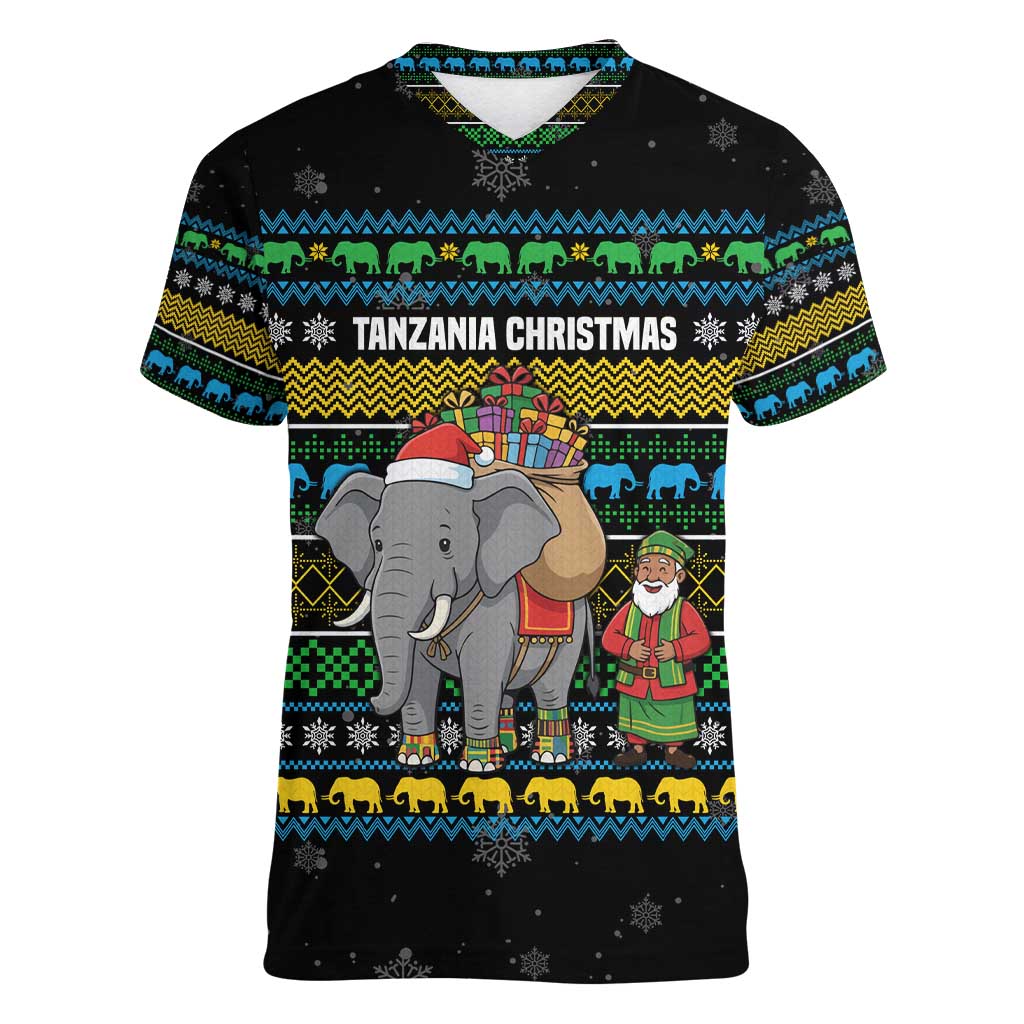 Tanzania Christmas Women V-Neck T-Shirt with Santa Riding Elephant Snowflakes and Colorful African - Wonder Print Shop