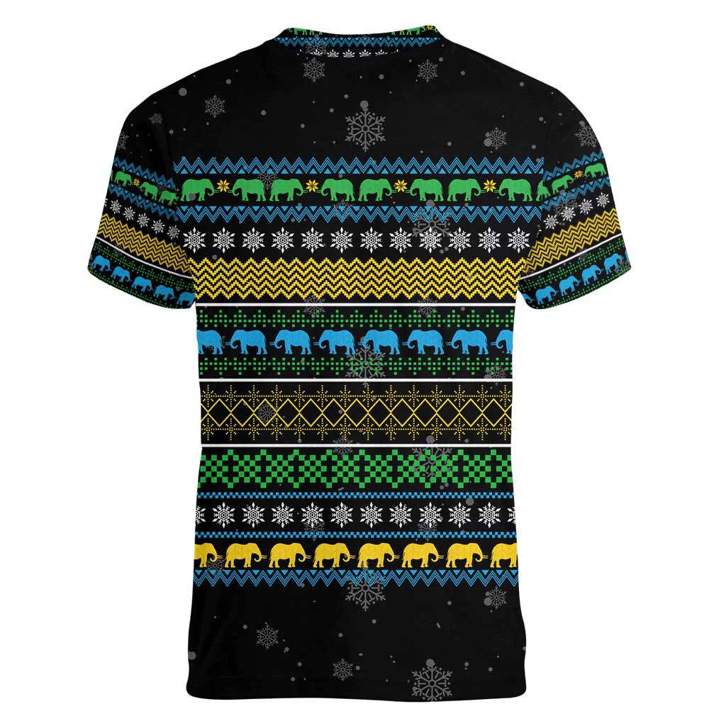 Tanzania Christmas Women V-Neck T-Shirt with Santa Riding Elephant Snowflakes and Colorful African - Wonder Print Shop