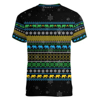 Tanzania Christmas Women V-Neck T-Shirt with Santa Riding Elephant Snowflakes and Colorful African - Wonder Print Shop