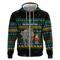 Tanzania Christmas Zip Hoodie with Santa Riding Elephant Snowflakes and Colorful African - Wonder Print Shop