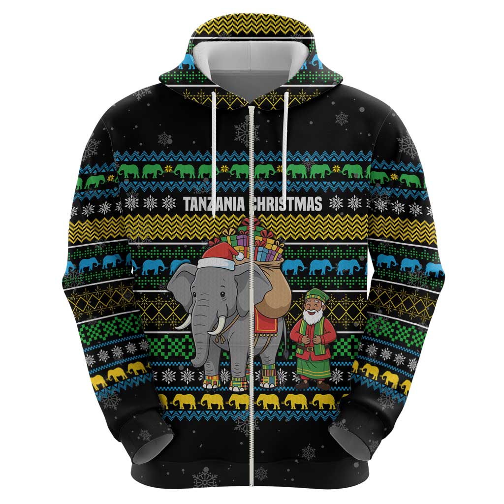 Tanzania Christmas Zip Hoodie with Santa Riding Elephant Snowflakes and Colorful African - Wonder Print Shop