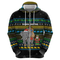 Tanzania Christmas Zip Hoodie with Santa Riding Elephant Snowflakes and Colorful African - Wonder Print Shop
